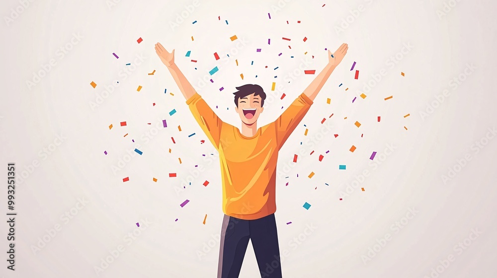 Poster A clean vector design of a player winning a word puzzle game while confetti appears around the screen signifying victory Large space for text in center Stock Photo with copy space
