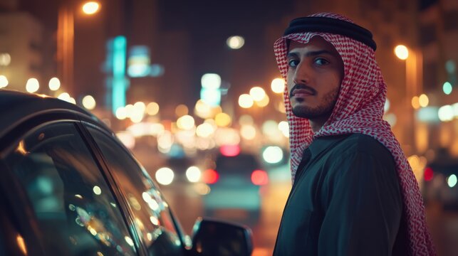 A young man dressed in traditional attire leans against a car, gazing thoughtfully into the distance. The vibrant city lights of a busy urban street create a lively atmosphere at night. - Powered by Adobe