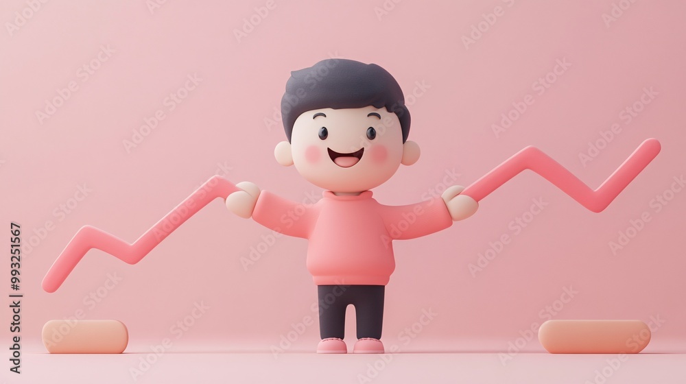 Poster A 3D-render cartoon character pulling the upward line of a stock market graph with both hands as they smile and struggle Large space for text in center Stock Photo with copy space