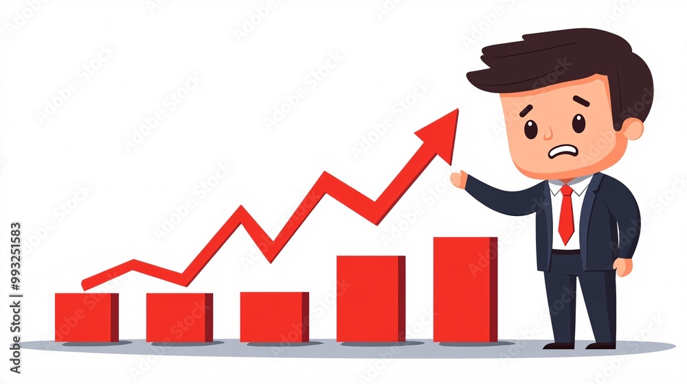Poster A digital art vector of a business cartoon figure pulling the end of an economic graph upward showing determination and effort Large space for text in center Stock Photo with copy space