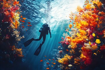 Diver Exploring the Vibrant and Diverse Underwater Coral Reef Ecosystem