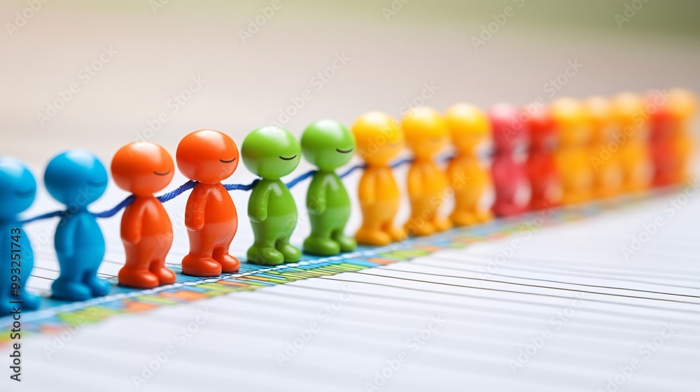 Poster A group of 3D-render cartoon characters working together to lift the line on a stock chart showing teamwork and economic recovery Large space for text in center Stock Photo with copy space