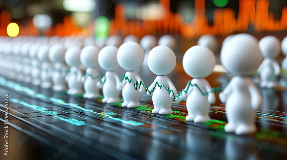 Poster A group of 3D-render cartoon characters working together to lift the line on a stock chart showing teamwork and economic recovery Large space for text in center Stock Photo with copy space