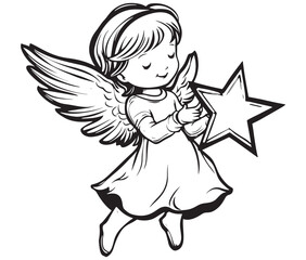 Angel with wings, Cute fairy, Angle wings line art vector