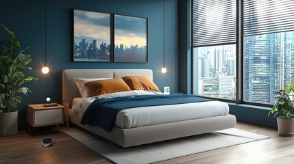 Fototapeta premium Sleek modern bedroom with a smart bed, large windows, cityscape views, and stylish decor elements for contemporary living.