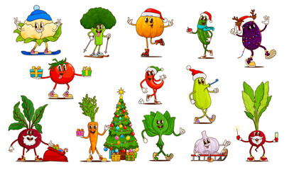 Fototapeta premium Groovy Christmas vegetable characters, vector psychedelic hippie farm food. Funny tomato, carrot, broccoli and zucchini vegetable characters with groovy Xmas tree, gift boxes, Santa red hat and bag