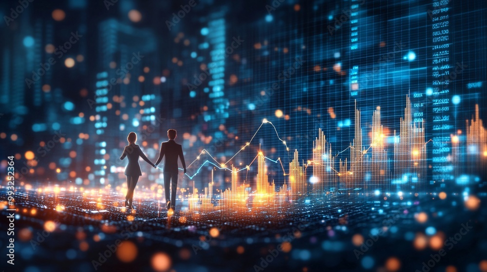 Fototapete A single cartoon figure in digital vector style pulling an economic graph line higher with a determined expression against a backdrop of financial data Large space for text in center Stock Photo with