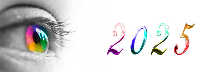 2025 and colorful rainbow eye header, new year greeting card web banner