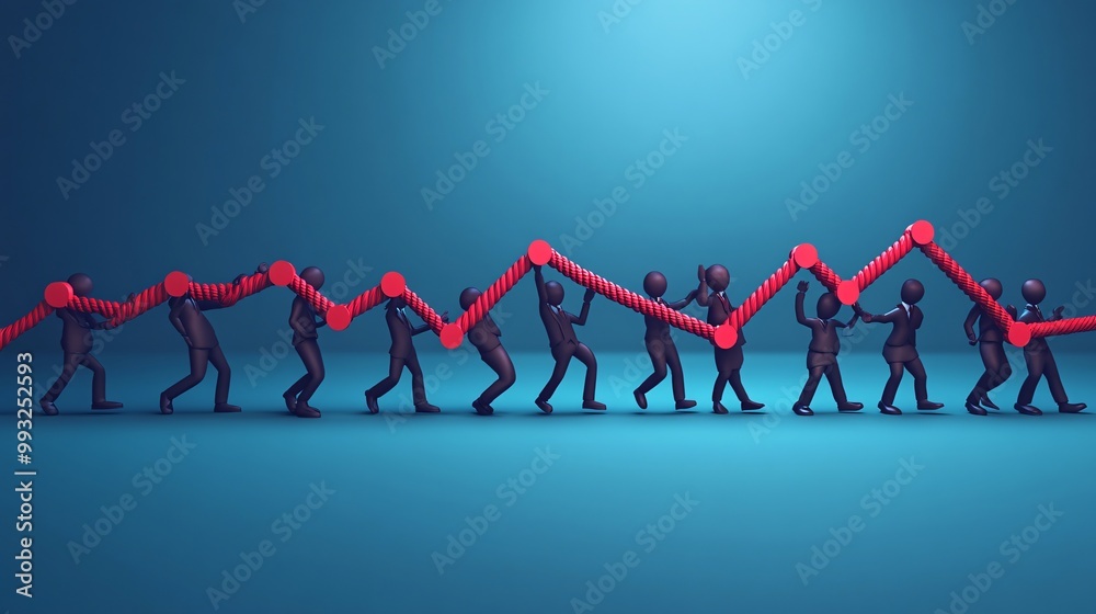 Poster A team of 3D-render business cartoon characters using ropes to pull an upward stock graph line symbolizing growth and economic improvement Large space for text in center Stock Photo with copy space