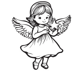 Angel with wings, Cute fairy, Angle wings line art vector