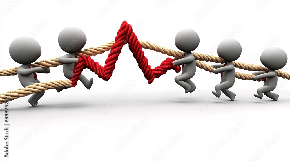 Poster A team of 3D-render business cartoon characters using ropes to pull an upward stock graph line symbolizing growth and economic improvement Large space for text in center Stock Photo with copy space