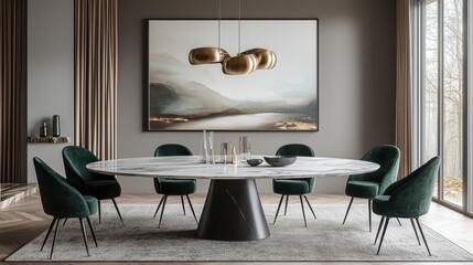 Sleek modern dining room with a large oval marble table surrounded by elegant green chairs and contemporary lighting