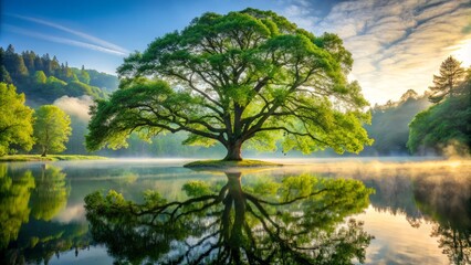 Obraz premium romantic misty morning scene of a majestic tree with electric green foliage overlooking serene lake reflections
