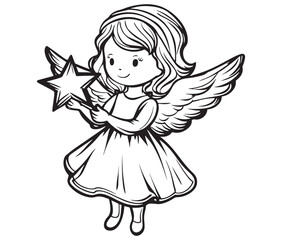 Angel with wings, Cute fairy, Angle wings line art vector