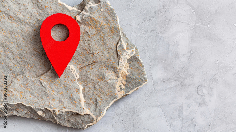 Poster location pin and map marker on stone surface for navigation and location tracking