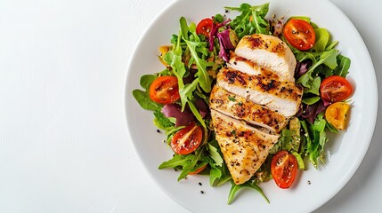 Savory chicken fillet paired with a refreshing salad. Perfect for a healthy meal or lunch, and fits into a keto diet. Presented on a white backdrop, shot from above.
