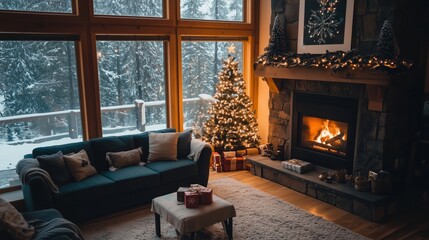 Cozy winter living room with a beautifully decorated Christmas tree beside a glowing fireplace and snowy outdoor view