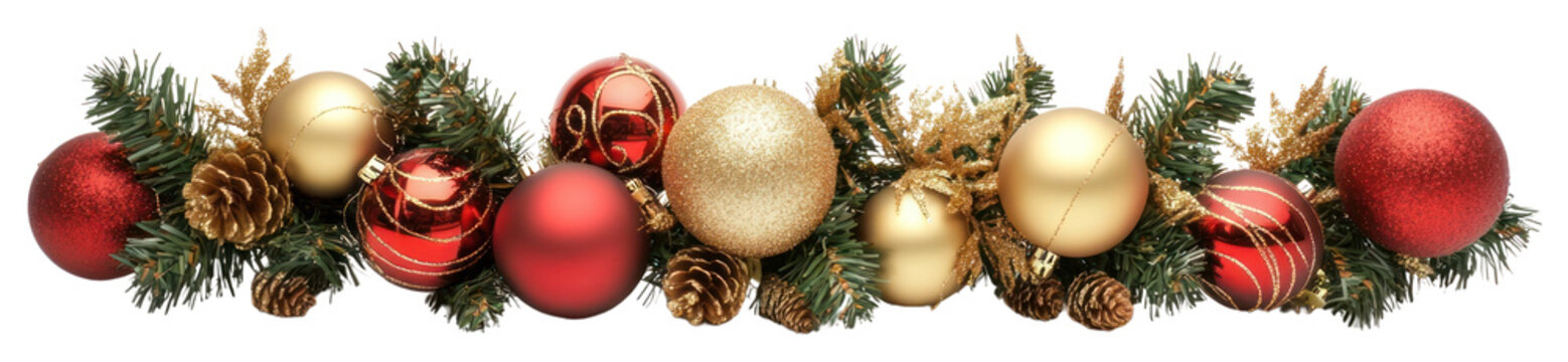 Christmas garland with golden and red ornaments on white background christmas accessories pineapple.