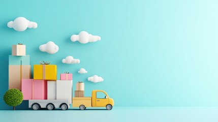 A whimsical illustration of a group of cartoon delivery trucks collaborating to deliver packages, emphasizing teamwork in logistics.