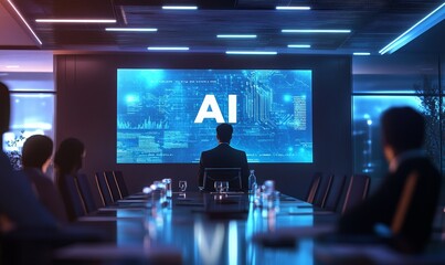 Man facing presentation about AI in dark conference room.
