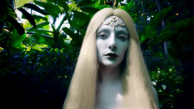 Close-up art portrait woman mermaid. Fantasy asp girl blonde long hair. Lady goth vampire queen viper. green palants
