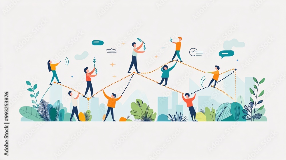 Aufkleber A digital art vector of multiple cartoon figures lifting a graph line upward with ropes showing collective effort in improving the economy Large space for text in center Stock Photo with copy space