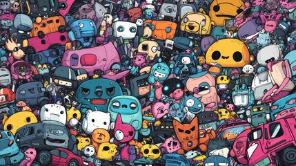 Fototapeta premium Cute Cartoon Characters and Colorful Cars in Doodle Style, pattern design
