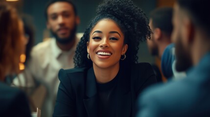 Fototapeta premium A woman with curly hair is smiling at the camera