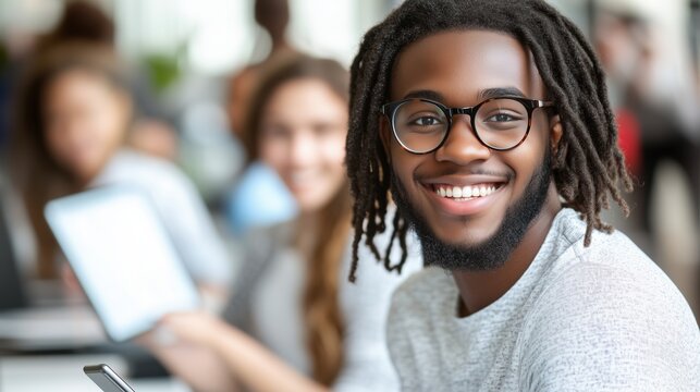 A man with glasses and dreadlocks is smiling at the camera