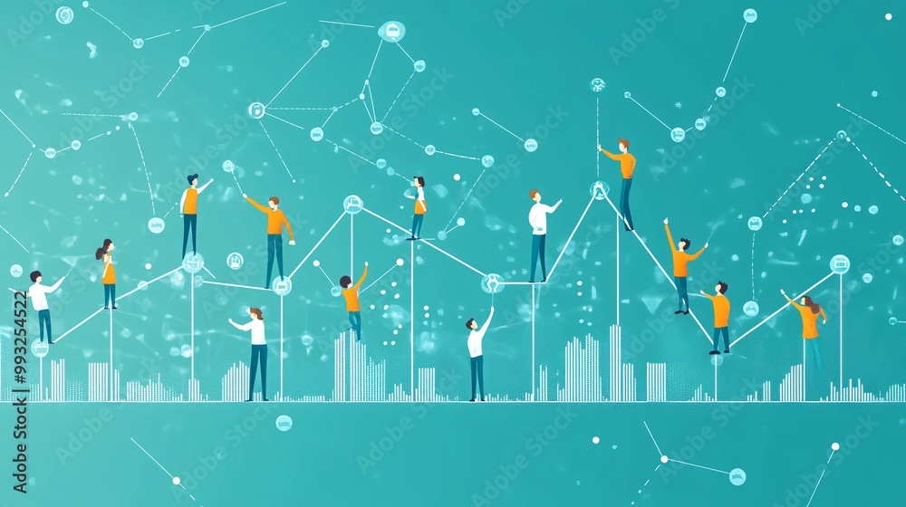 Poster A group of vector-style cartoon characters working together to raise a stock market graph line symbolizing teamwork and economic growth Large space for text in center Stock Photo with copy space