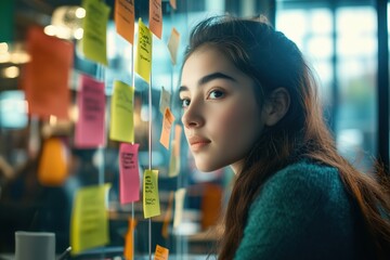 A woman with a pink and yellow sticky note on her face