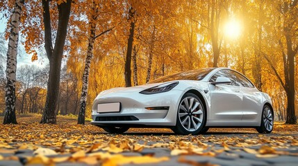 Electric Luxury Sedan Parked Amidst Vibrant Autumn Foliage at Sunset