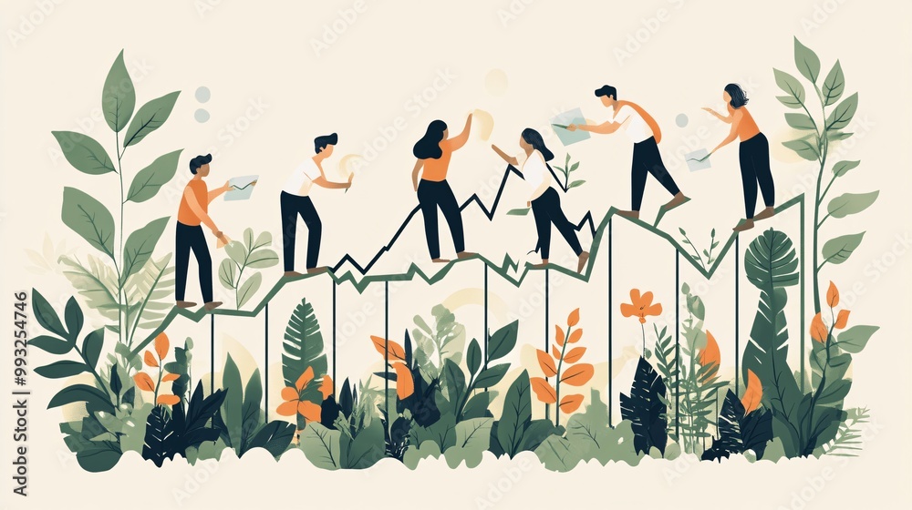 Poster A group of vector-style cartoon characters working together to raise a stock market graph line symbolizing teamwork and economic growth Large space for text in center Stock Photo with copy space
