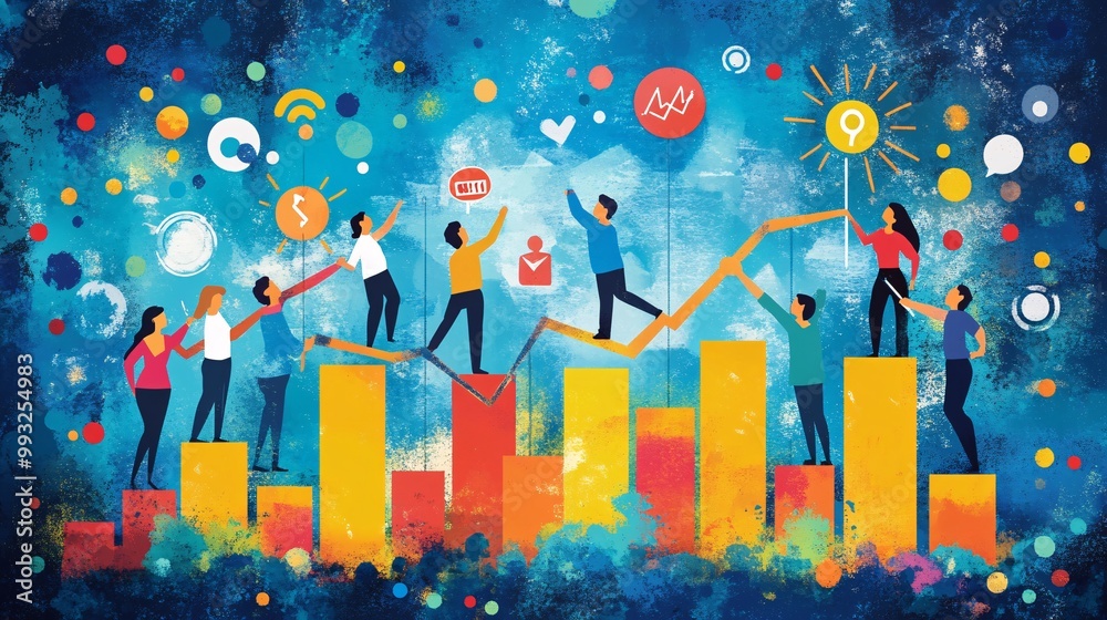 Poster A group of vector-style cartoon characters working together to raise a stock market graph line symbolizing teamwork and economic growth Large space for text in center Stock Photo with copy space