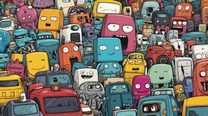 Cute Cartoon Characters and Colorful Cars in Doodle Style, pattern design