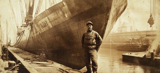 Fototapeta premium Worker man in seaport retro photo black and white