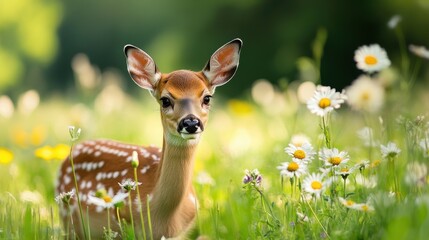 Fototapeta premium A deer grazing in a meadow, surrounded by wildflowers and tall grasses.