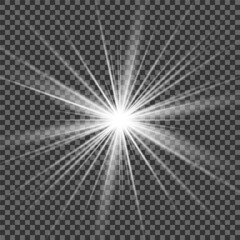 A twinkling white star on a light gray background. Sparkling and shining stars, bright flashes of lights with radiation. Vector EPS 10.