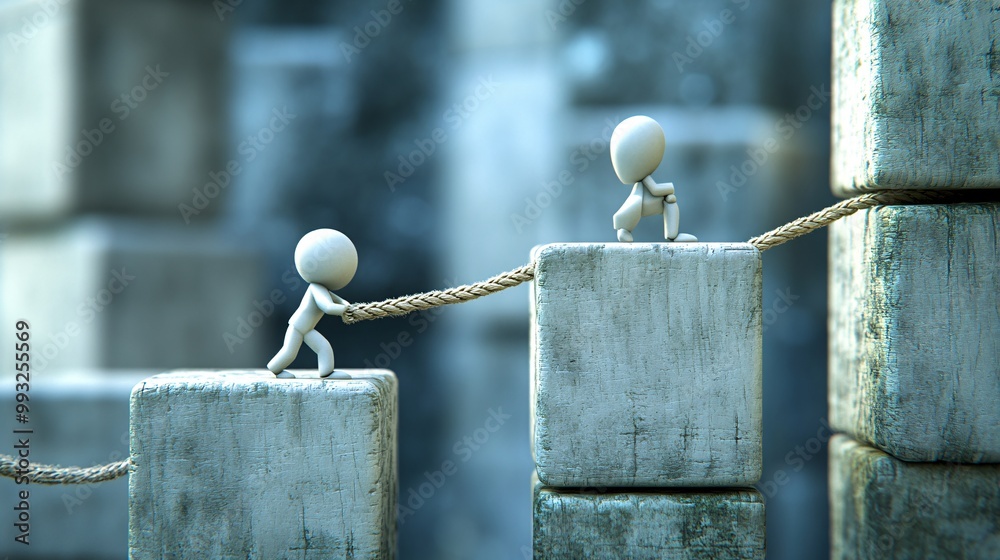 Poster A lone 3D character pulling a stock chart line upward with a rope while balancing on a bar graph showing the challenges of economic recovery Large space for text in center Stock Photo with copy space