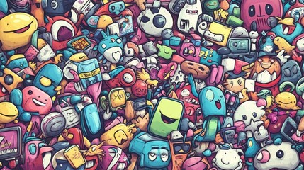 Cute Cartoon Characters and Colorful Cars in Doodle Style, pattern design