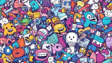 Obraz premium Cute Cartoon Characters and Colorful Cars in Doodle Style, pattern design