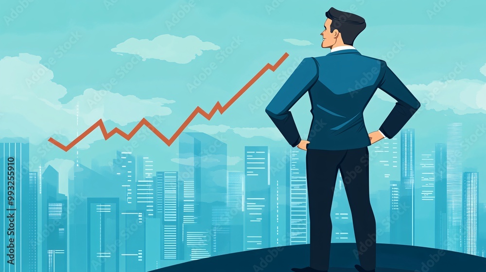 Aufkleber a digital art vector of a cartoon businessman holding the end of a rising economic graph line while 