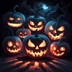 Jack-o'-lantern faces glowing with eerie light in the dark