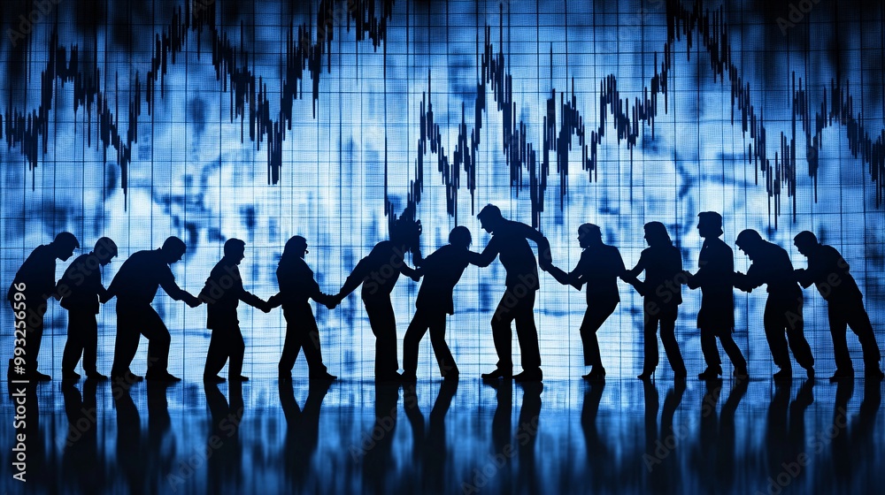 Poster A 3D group of characters pulling the upward line of a stock market graph together showing teamwork and effort to improve the economy Large space for text in center Stock Photo with copy space