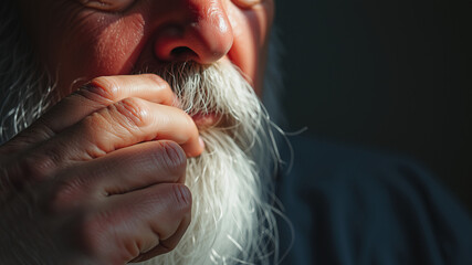 Naklejka premium Contemplative Wisdom , Close-up portrait of an elderly man with a long white beard, gazing thoughtfully into the distance.