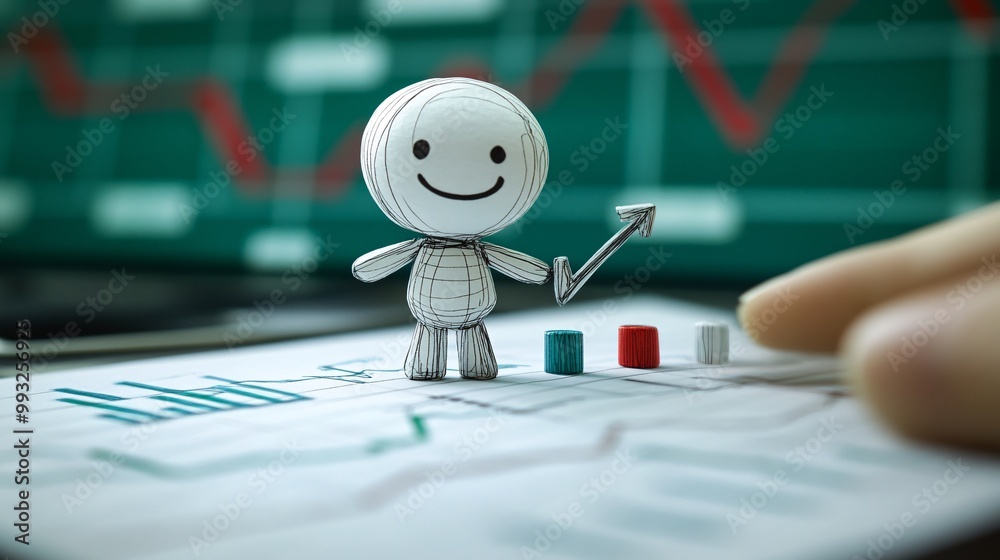 Aufkleber A single cartoon character in vector art style tugging on the end of an economic graph with one hand while pushing with the other Large space for text in center Stock Photo with copy space