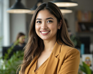 friendliness and happiness, junior intern stands, poplin blazer, blurred background at morning