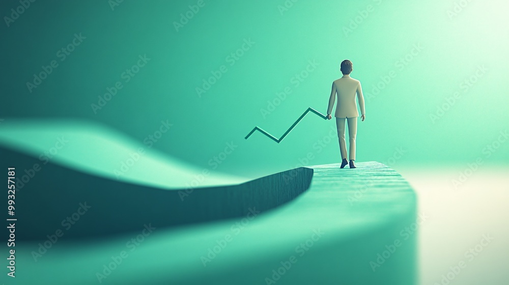 Poster A 3D-render of a cartoon man pulling an upward line on a stock chart while standing on a green arrow representing economic growth Large space for text in center Stock Photo with copy space
