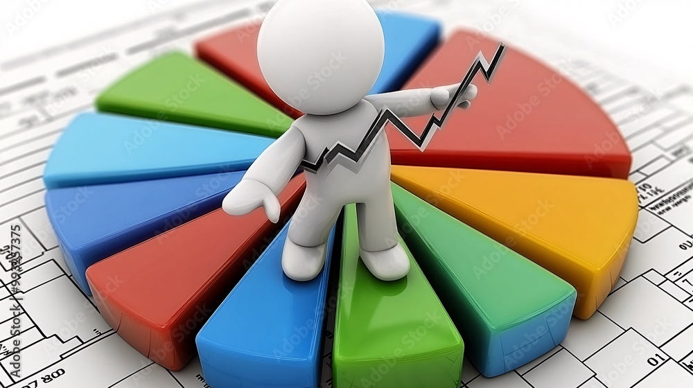 Aufkleber A single 3D-render cartoon figure using both hands to pull the stock market graph line upward while standing on a pie chart Large space for text in center Stock Photo with copy space
