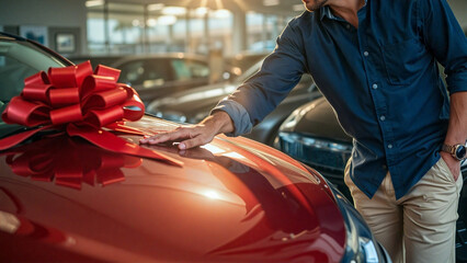New Car Delivery Celebration - Red Bow Surprise, A man joyfully examines a gleaming red sports car adorned with a large red bow at a car dealership.